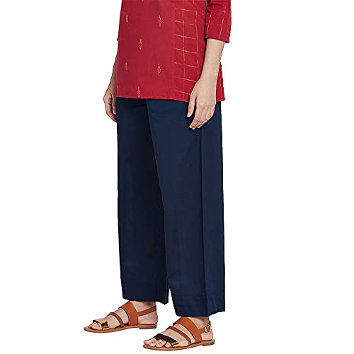 Image of GO COLORS Women Blue Stripe Cotton Wide Pants
