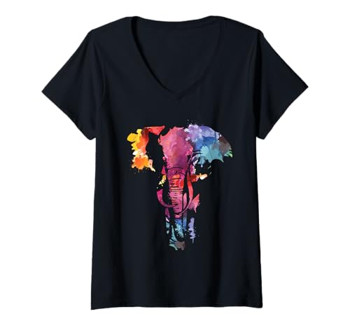 Femme Conception d'art aquarelle éléphant T-Shirt avec Col en V