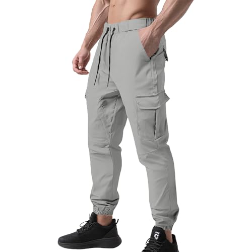 Hawyet Tapered Cargo Pants for Men Ankle Length Elastic Waist Drawstring Multi Pockets Casual Outdoor Tactical Pants