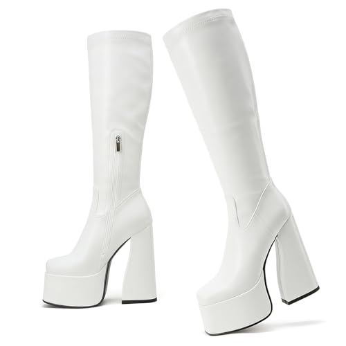 Image of LanreyTaley Elastic Women Knee High Boots Platform Chunky Heel Tall Boots Suede Dress Boots Side Zipper Stretch Boots Fall