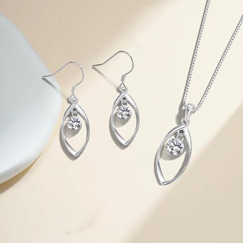 Silver Jewellery Set for Women, 925 Sterling Silver Women's Jewellery Sets with White/Blue/Pink Zirconia, Hypoallergenic Twist Pendant Necklace & Hook Dangle Earrings Set Gift with Gift box - Image 4