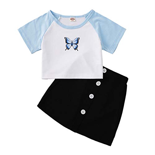 Ensemble de vêtements pour petites filles - T-shirt + jupe noire - Chemise d'été courte avec col rond - Manches courtes - Imprimé papillon - Décontracté - Ligne A, bleu clair, 7 ans Cover
