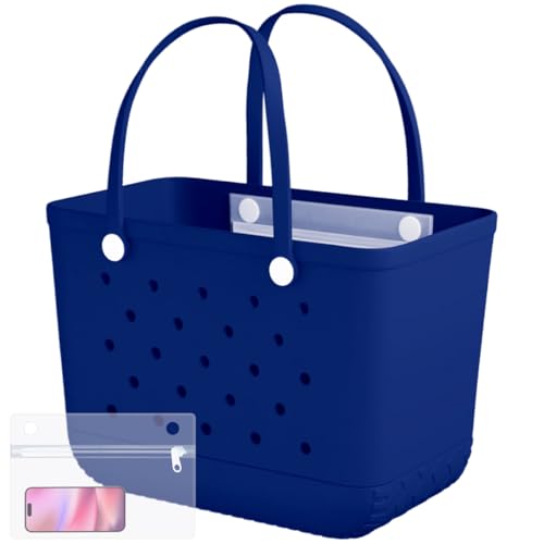 SVETOR Bolsa grande de goma, impermeable, lavable, con bolsillo con cremallera para deportes, piscina, playa, mercado. Bolsa de playa duradera y ligera., Azul, Large