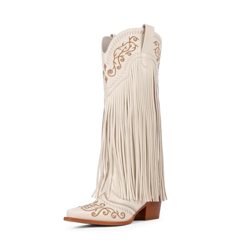 Modatope Cowboy Boots for Women Fringe Knee High Boots Embroidered Cowgirl Western Pointed Toe Chunky Heel Slip on Wide Calf Cowboy Boots