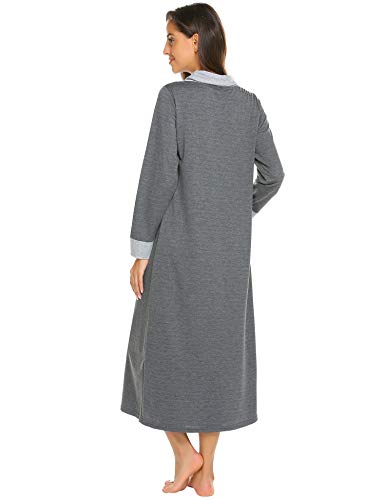 Ekouaer Long Nightgown Women Long Sleeve Loungewear Oversized Nightshirt Full Length Hooded Maxi Zipper Nightdress Grey