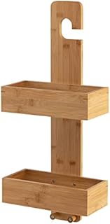 RELAX4LIFE Bamboo Shower Caddy, Hanging Bathroom Rack Shower Baskets with 2 Shelves & 2 Hooks, No Drilling Shower Tray Bathroom Organiser for Shampoo Shower Gels