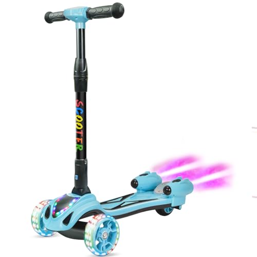Image of 3 Wheel Scooter for Kids, Toddler Scooter with Bluetooth Music Speaker Steam Sprayer LED Lights Aluminum Alloy T-Bar, Folding Kick Scooters for Boys Girls Ages 3-10