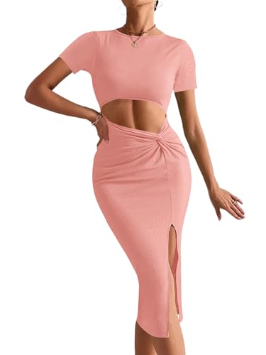 Image of Rooscier Women's Twist Cutout Waist Split Crewneck Short Sleeve Bodycon Midi Dress