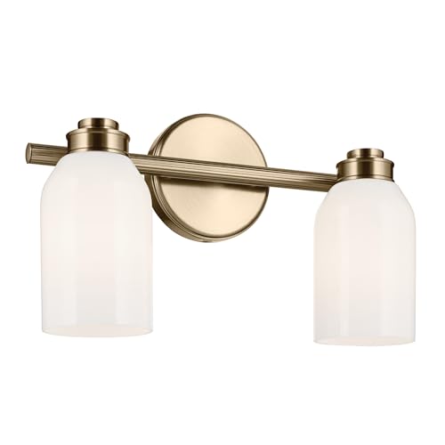 Image of Kichler Shae 2-Light Bathroom Vanity Light, Champagne Bronze | White opal glass vanity light for modern bathroom mirrors (15 inch x 9 inch), 55201CPZ