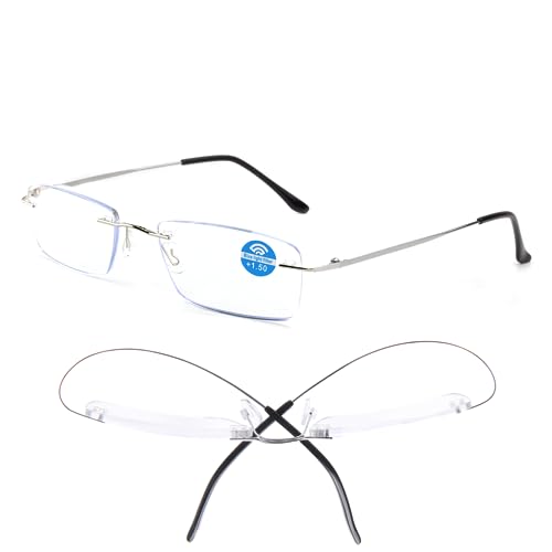 ESAVIA Titanium Rimless Reading Glasses 2.50 for Men Women Super Light Rectangular Silver Computer Readers - Blue Light Blocking