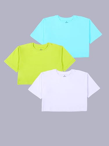 Image of KiddoPanti Girls 100% Cotton Solid Drop Shoulder Half Sleeve Round Neck Crop Tee
