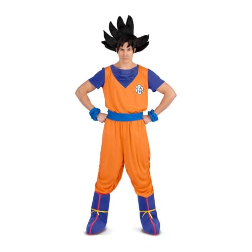 My Other Me - Disfraz Goku Dragon Ball Adulto, talla XL. Incluye camiseta naranja y azul con impresión, pantalón naranja, cinturón y braceletes textiles azules y cubrebotas. Ideal para cosplay