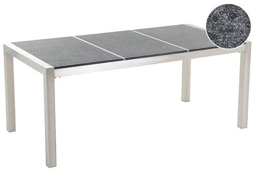 Mesa de comedor de jardín con tablero de granito gris y plateado patas de acero para 6 personas 180 x 90 x 74 cm Grosseto
