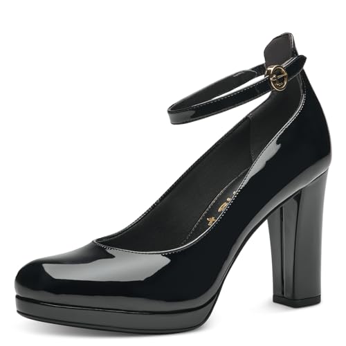 Tamaris Damen Pumps mit Riemen Vegan Blockabsatz; Black PATENT/schwarz; 42...