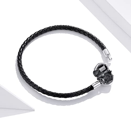 Image of Genuine Black Leather Woven Bracelet with 925 Sterling Silver Heart Cross Clasp Bead Bracelet for Pandora Charms Beads
