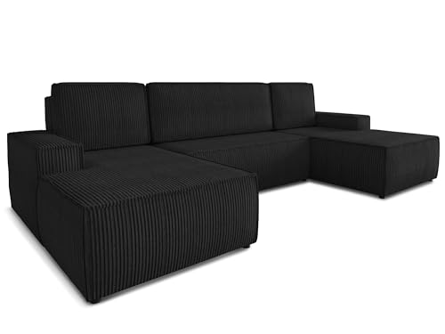 Wohnlandschaft mit Schlaffunktion Totti - U-Form Couch, Schlafsofa mit Bettkasten, Couchgranitur mit Bettfunktion, Big Sofa, Cord Stoff, Wohnzimmer (Schwarz (Poso 135))