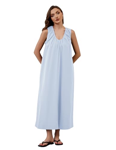Image of OLAPTA Women Summer Sleeveless Maxi Dress Scoop Neck Ruched Loose Fit Casual Elegant Solid Vacation Long Dress with Pockets