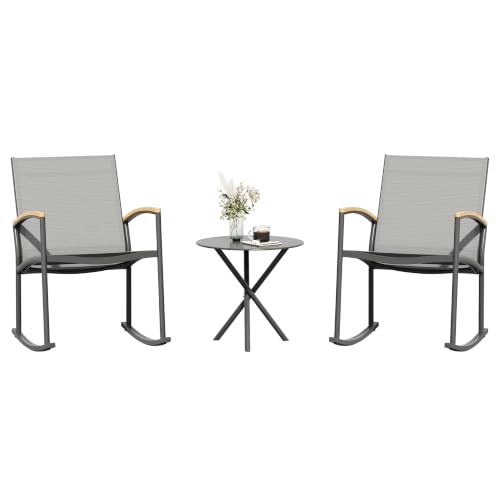 Image of Shintenchi 3 Pieces Patio Rocking Bistro Sets,Outdoor Textilene Fabric Conversation Bistro Set,Front Porch Rocker Chairs Small Patio Furniture Set with Table for Lawn,Garden,Balcony(Light Gray)