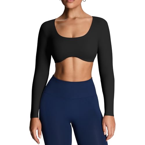 Image of Aoxjox Women's Define Sculpt Long Sleeve Crop Tops | buttery soft fabric,curved hem,hollow back, low support, removable pads, workouts,yoga,gym, daily wear