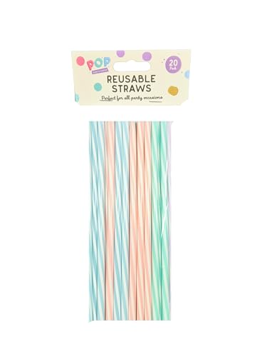 Resusable Straws - Pastel Colours 20 pcs - for BBQs Summer Garden Party Smoothies Milkshakes | Colourful Candy Striped Plastic Drinking Straws | Washable Reusable | Eco Friendly