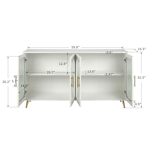 OneBlis 60 Inch Buffet Sideboard with 4 Glass Doors Accent Storage Cabinet with Adjustable Shelves Console Table Wooden for Living Room Hallway Entryway Dining Room (Antique White) - Thumbnail 2