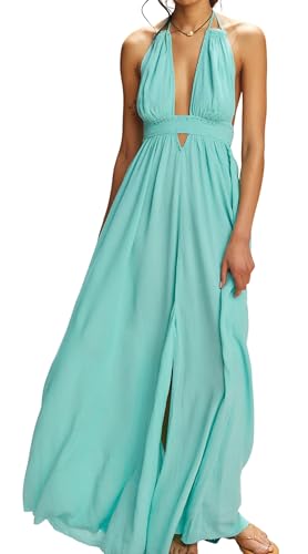 Image of R.Vivimos Boho Maxi Dresses for Women 2026 Summer Sleeveless Halter Elastic Waist Sexy Backless Front Slit Flowy Long Dresses