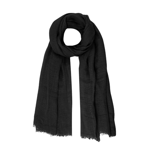 Nydotd Women Summer Cotton Linen Scarf Crinkle Long Beach Shawl Wrap hijab with Fringe (Black 71 x 35 Inch)