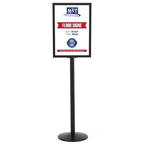 M&T Displays Sign Holder Stand, Black 18x24 Inch Poster Frame Double Sided Slide-In Aluminum Easy Loading Floor Standing Pedestal Advertisement Post Commercial Menu Holder Round Heavyweight Base