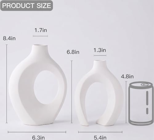 Image of PUREZENTO Abstract White Ceramic Donut Vase 8.4 & 6.8 Inch - Set of 2 | Decorative Hollow Donut Vase for Dried Flowers & Pampas Grass | Vases for Modern Home Decor, Living Room, Office Decor Ideas