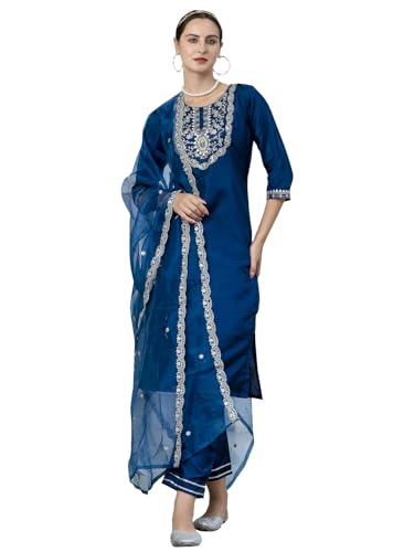 Image of VredeVogel Women's Silk Blend Embroidered Kurta with Pant & Dupatta Set