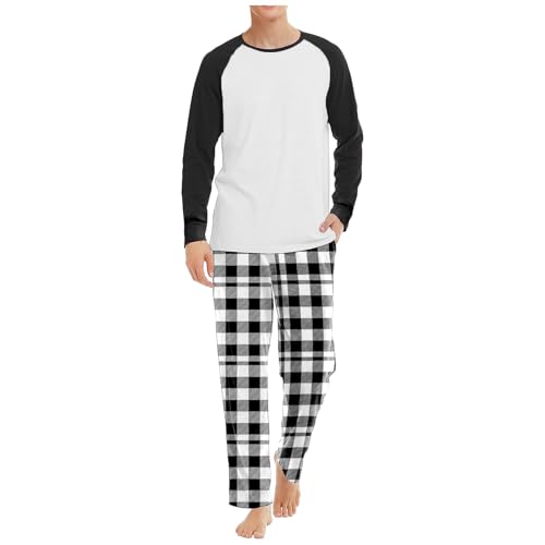 Pijama largo para hombre, pijama raglán, de invierno, de dos piezas, parte superior y pantalones de pijama a cuadros, cuello redondo, ropa de dormir suave, corte regular, traje de casa básico, O negro