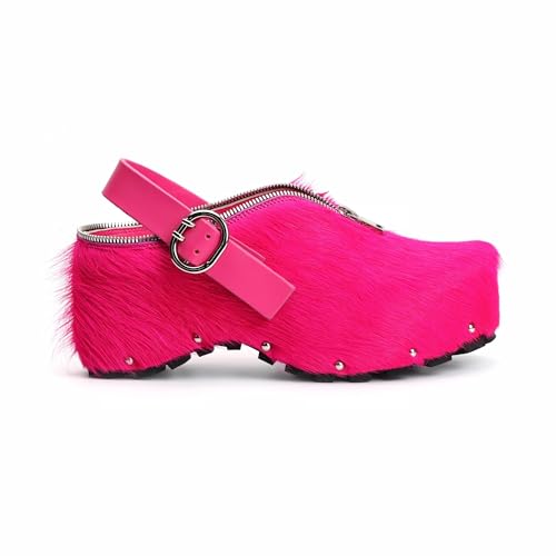 Image of XOBZJH Women's Natural Cow Print Fur Platform Clogs with Decorative Zipper & Adjustable Buckle Strap - Western Slip-On Punk Rivet Mules with Arch Support, Chunky Retro Rustic Style
