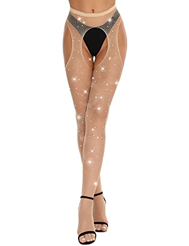Image of RSLOVE Fishnet Stockings Rhinestone High Waist Tights Pantyhose Women's Sexy Sparkle Stockings