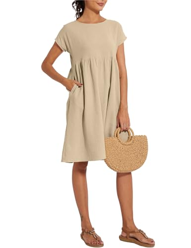 Image of LARMLISS Baggy Crew Neck Dress for Women Summer Casual Comfy Cotton Short Sleeve Tunic Beach Midi Dresses with Pockets