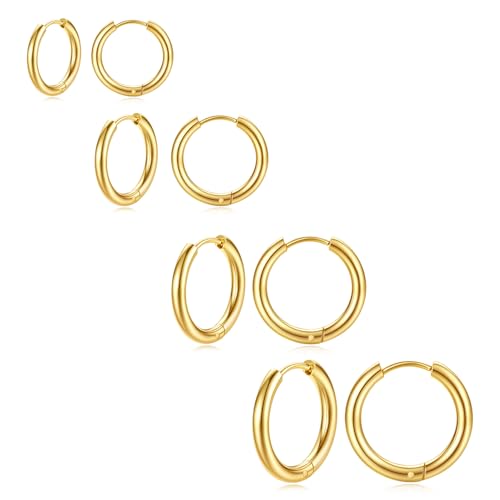Gold Hoop Earrings Set for Women, 14K Golden Plated Hypoallergenic Thin Small Gold Earrings Set Cartilage Helix Huggie Hoop Pack for Women Men Different Size