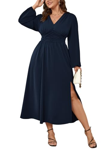 Image of SHESTARR Womens Plus Size Wedding Guest Cocktail Maxi Dress Long Sleeve Elastic Waist V-Neck A-Line Side Slit Flowy Dresses
