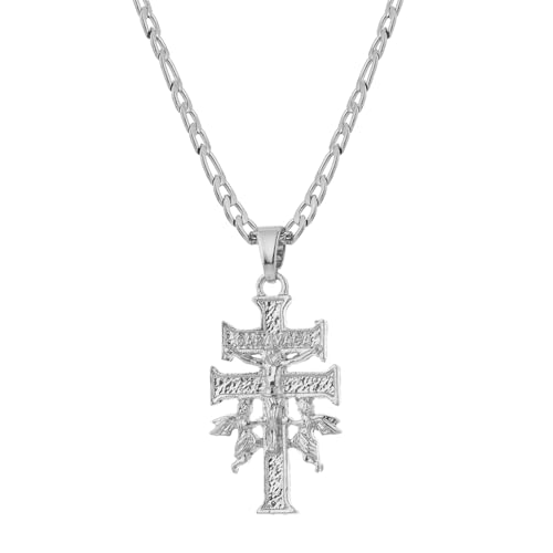 SAELACY 14K White Gold Plated Holy Jesus Crucifix Cross Religious Cruz De Caravaca Double Cross with Angels Pendant Necklace for Women Men (white-small chain length: 22+2)
