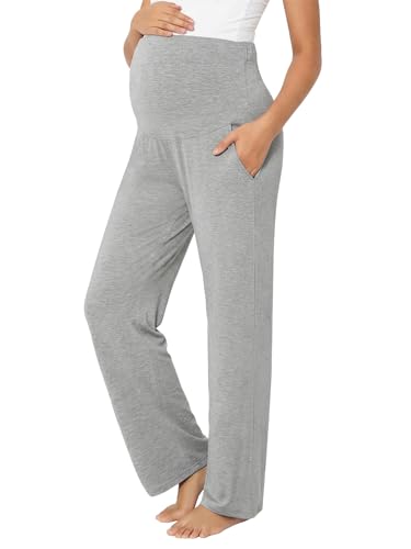 Summer Mae Viscose Maternity Pajama Pants Pregnancy Lounge Pant Soft Wide Leg Stretchy Yoga Trousers with Pockets Light Grey Large