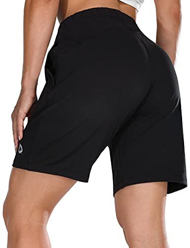 BALEAF Women s 7  Long Shorts Cotton Casual Walking Lounge Bermuda Shorts Athletic Workout Jersey Shorts with Pockets Black M