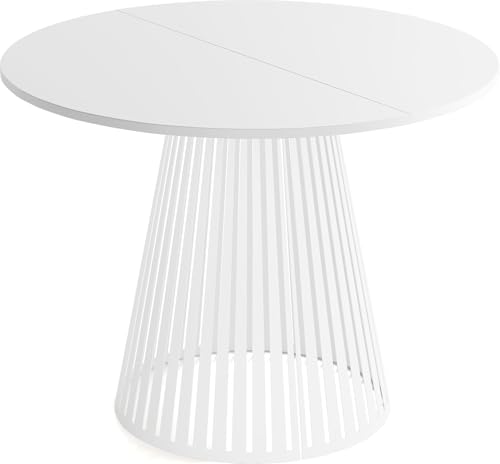 WFL GROUP Table à Manger Ronde Extensible Style Loft – 100 à 180 Cm – Design Industriel avec Pieds en Métal Blanc, Gain De Place pour Salon Ou Salle à Manger –...