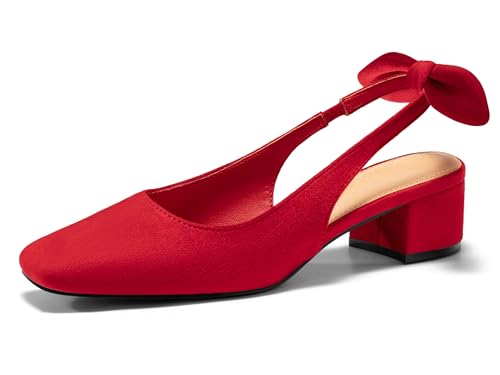 Image of Coutgo Womens Chunky Low Heels Bow Slingback Pumps Closed Square Toe Wedding Party Dress Shoes