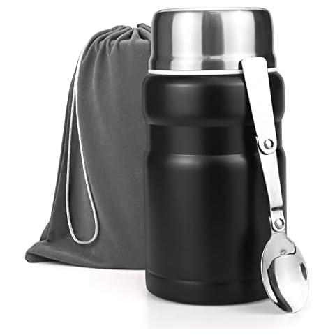 Food Flask, 750ml Vacuum Insulated Food Thermos Stainless Steel Double Walled Vacuum Insulated Food Containers for Hot Cold Food, Kids and Adults Leakproof Soup Flask with Folding Spoon & Bag - Black Cover