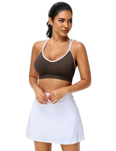 Image of VEQKING Strappy Cross Back Women Sports Bra Pack for Medium Support Workout | Removable Padded Cups, Spaghetti Strap, Comfort Seamless Wirefree, Soft Breathable Fabric, for Gym /Yoga /Pilates /Walking /Daily
