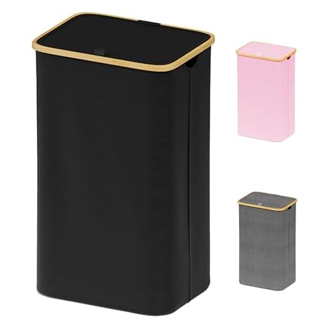 SUOCO Laundry Basket with Lid, 29 Gal (110L) Clothes Hamper with Bamboo Handles, Large Foldable Laundry Hamper for Bedroom, Bathroom, Dorm, Laundry Room - Black Cover