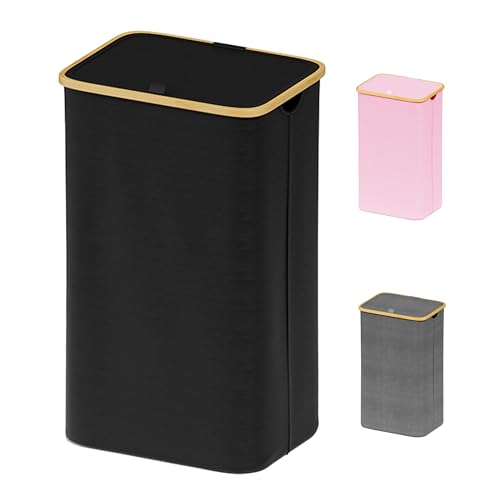 SUOCO Laundry Basket with Lid, 29 Gal (110L) Clothes Hamper with Bamboo Handles, Large Foldable Laundry Hamper for Bedroom, Bathroom, Dorm, Laundry Room – Black