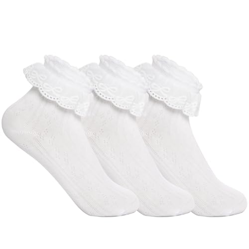Ishua 3 Pairs Girls Cotton Lace Ruffle Dress Socks, Soft & Comfortable Frilly Style Socks for Little Girls
