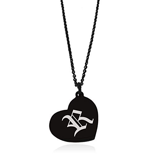 Tioneer Black Stainless Steel Letter R Initial Old English Monogram Floating Heart Tag Charm Pendant Necklace