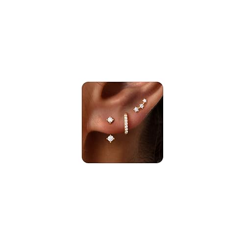 Poxtex Small 14K Gold Plated Huggie Hoop Earrings Set for Women Hypoallergenic Trendy Jackets for Multiple Piercings Dainty Cute Mini Lightweight Cartilage Climber Jewelry Gift for Sensitive Ears