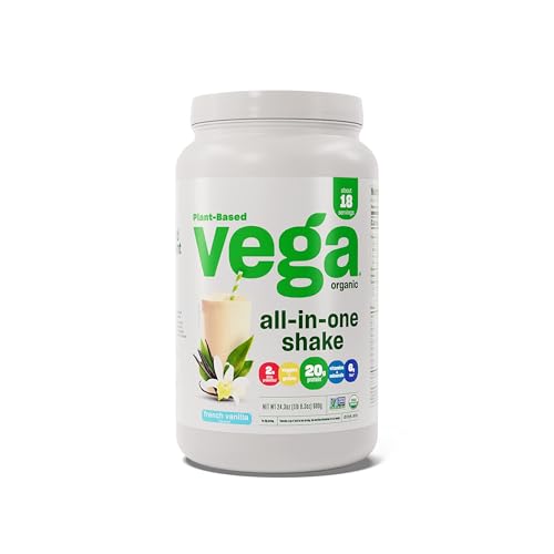 Vega All-in-One Nutrition Organic Vegan Protein Powder – French Vanilla, 20g Protein Meal Replacement Shake – 1.5 lbs (18 Servings)