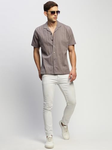 Image of SHOWOFFFF Men Solid Casual Shirt | Cuban Collar Half Sleeves Cotton Shirt for Mens | Relaxed Fit Regular Length Shirt for Men's